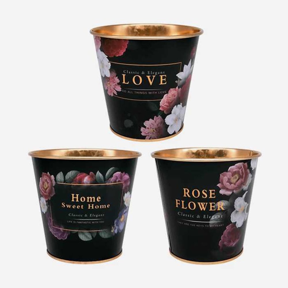 3 Piece Set - Decor Floral Galvanized Plant Pots, Metal Cans